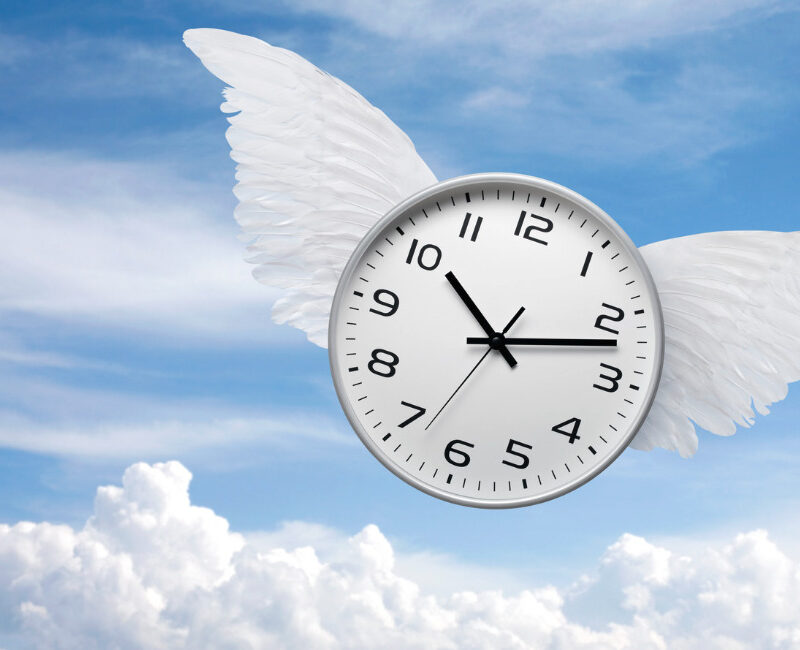 A winged clock symbolizing time flying by