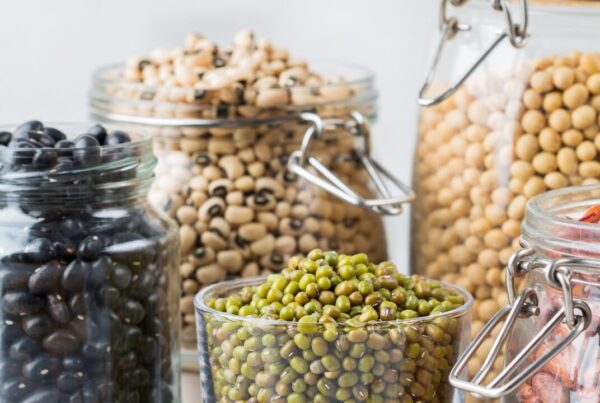 Colorful whole foods and high-fiber vegetables, fruit, beans, and grains