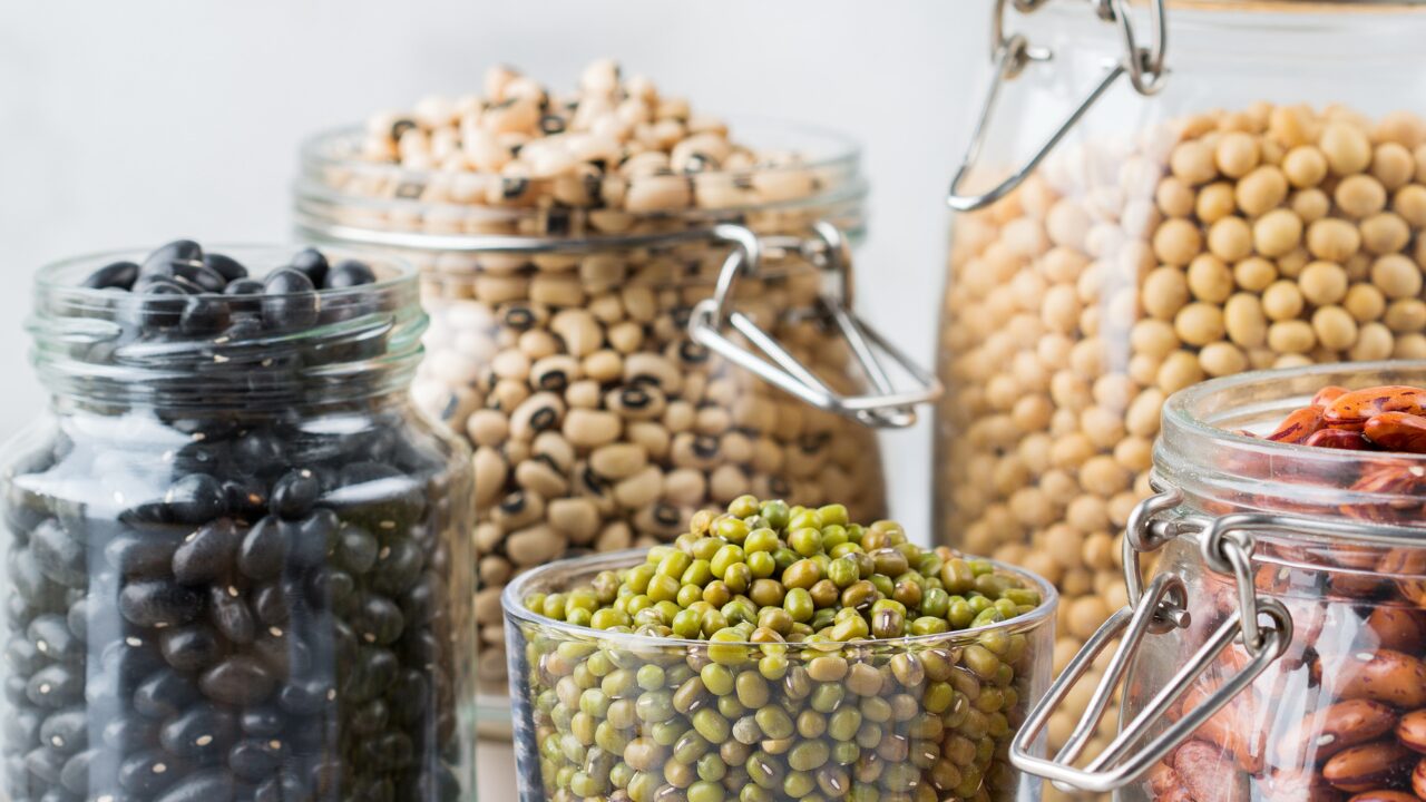 Colorful whole foods and high-fiber vegetables, fruit, beans, and grains