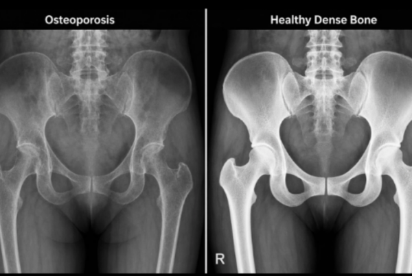 Pelvis X-rays comparing osteoporosis with healthy dense bone