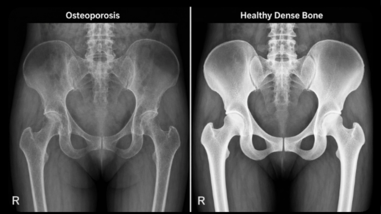Pelvis X-rays comparing osteoporosis with healthy dense bone